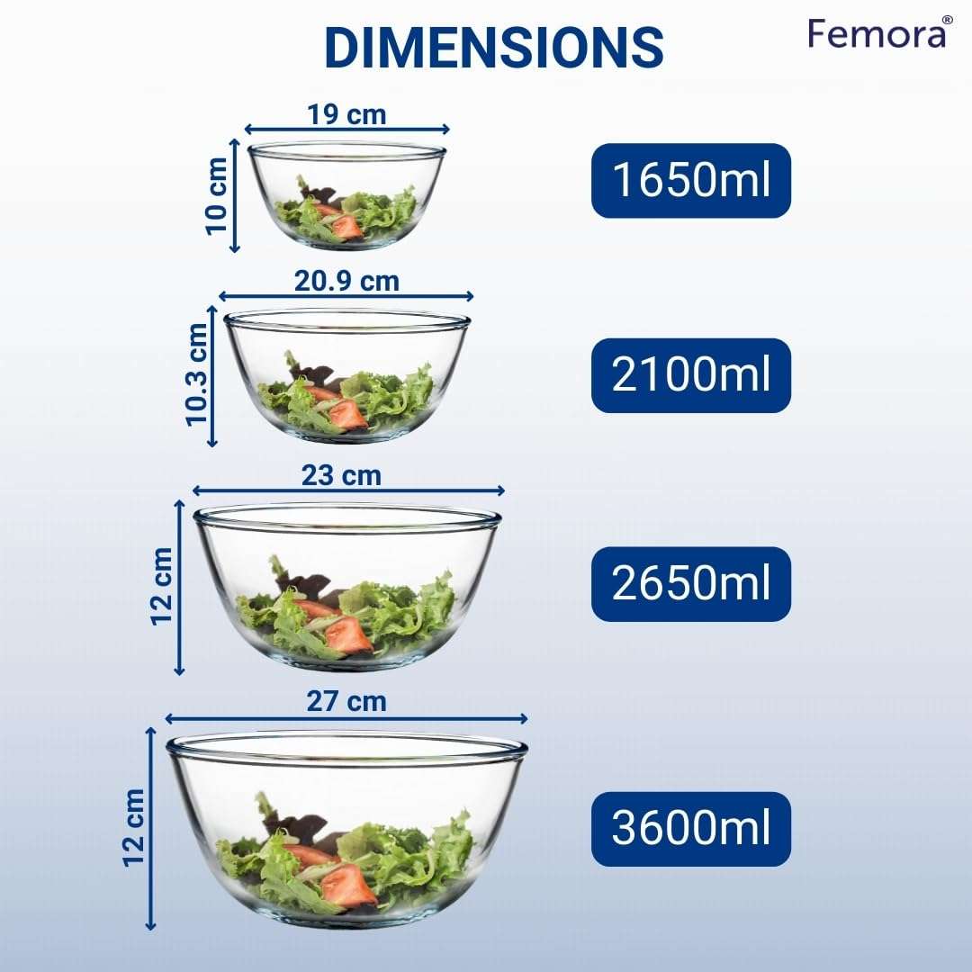 Femora Borosilicate Glass Mixing Bowl | Microwave Safe Bowl | Oven Bowls |1 Year Warrnty | Set of 4 (1650 ML, 2100 ML, 2650 ML, 3600 ML),Transparent 5