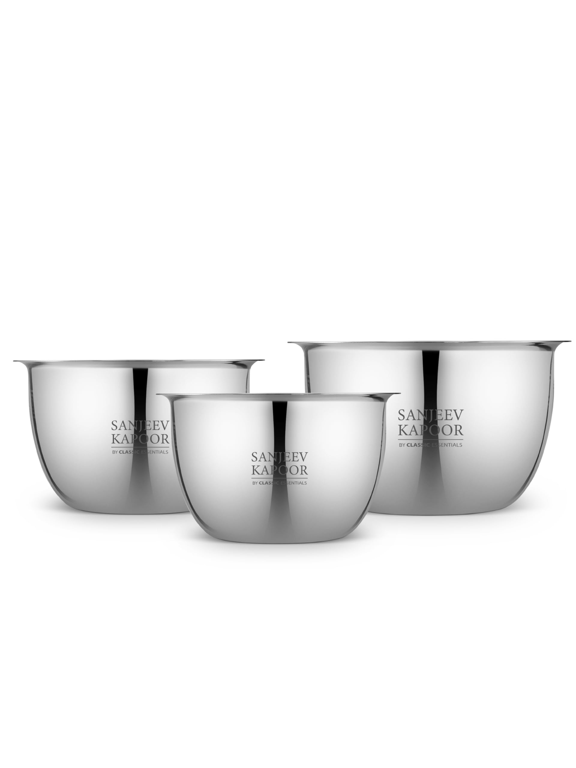 Sanjeev Kapoor by Classic Essentials Stainless Steel Set of 3 Mixing & Serving Bowl Microwave-Safe Solid, Durable, Elegant, Mirror Finish Bowl (Silver, 750,1500,1000ML) 1