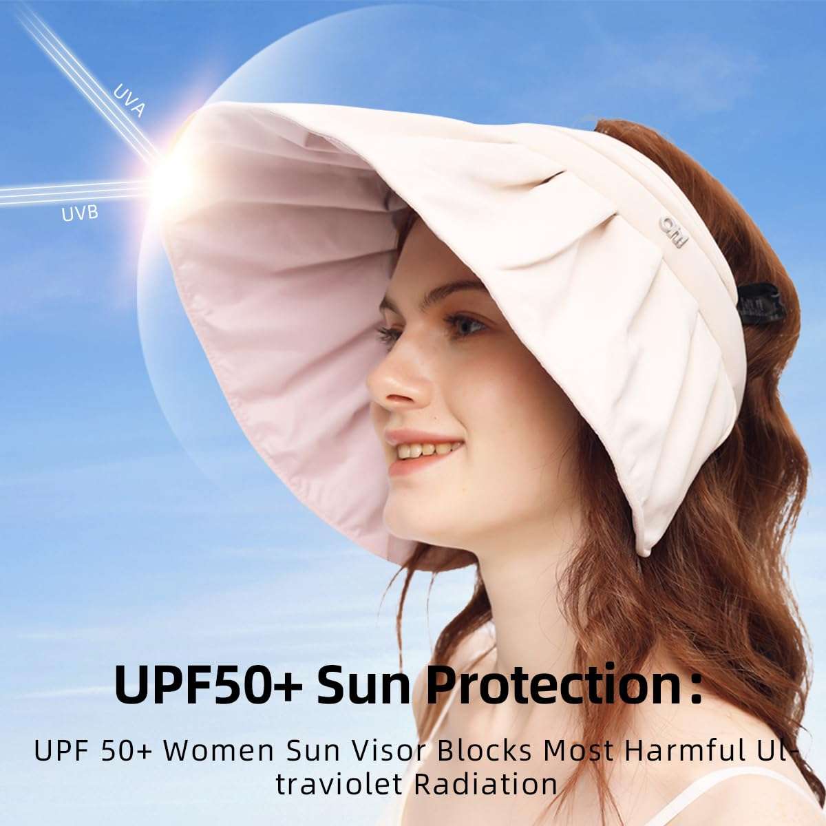 Sun Visor Hat for Women Wide Brim Foldable UPF 50+ UV Protection Beach Cap Roll Up Packable Ponytail Shell Hats SLH3M433D Black&Orange 4