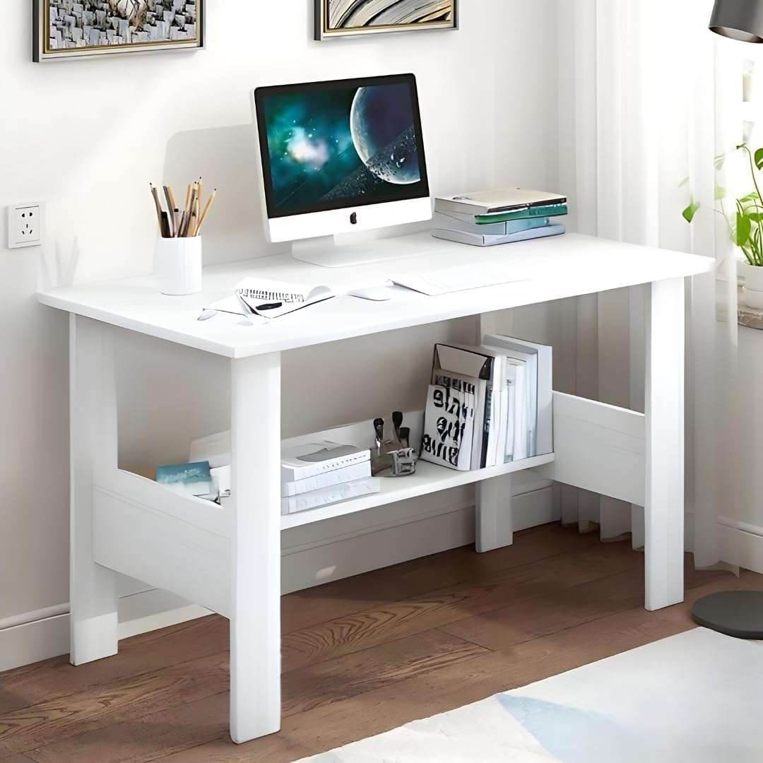 Callas Engineered Wood Computer Desk with Shelf – Modern Laptop Study Table for Home Office, Workstation & Writing Desk for Students and Professionals (ST-09-White) 1