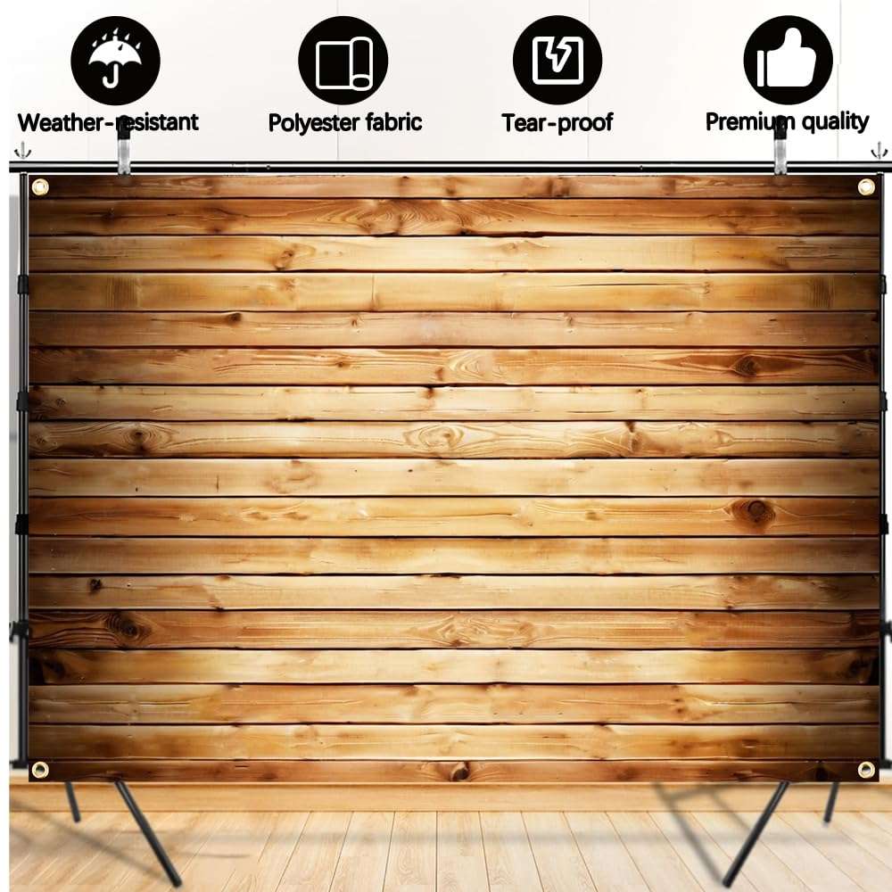 7x5FT Wooden Backdrop with Ribbon & 4 Brass Grommets, Rustic Wood Backdrop for Photography, Vintage Brown Wood Wall Background for Baby Shower, Wedding, Birthday, Party Decorations 3