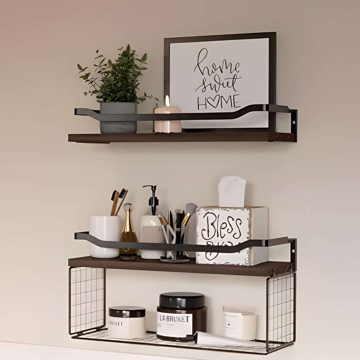 Kuber Industries Floating Shelves (2pcs) with One Wire Storage Basket | Wooden Floating Wall Shelf| Wall Mount| Wall Rack| Wall Bracket for Home and Office Decor | Big Mounted Cabinets | BW0388 1