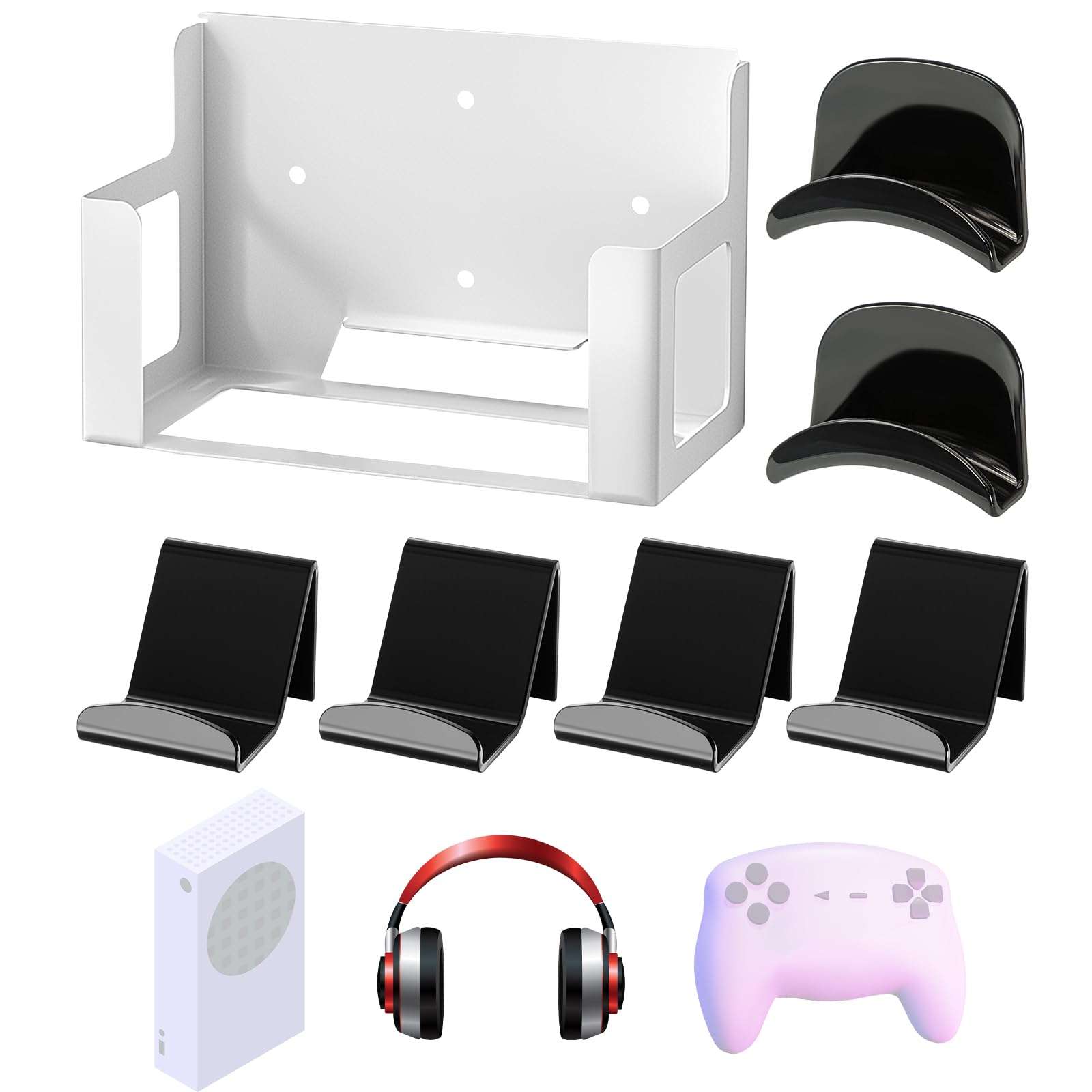 Wonderjune Wall Mount Compatible with Xbox Series S, Thick Wall Mount Set with 4pcs Controller Holder 2 Pcs Headphone Hanger Metal Stand Compatible with Xbox Series S 1