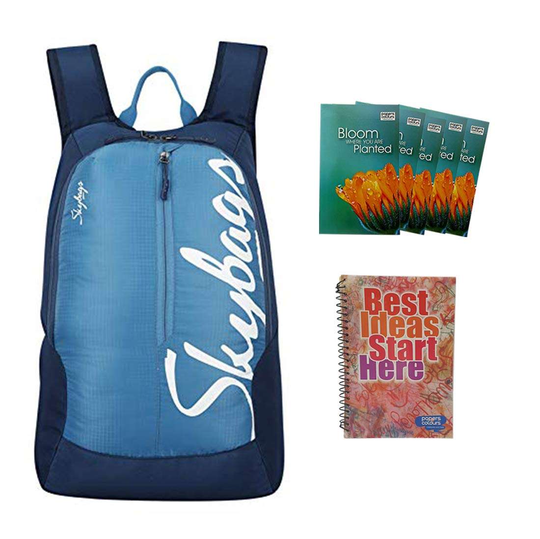 MaBelle BOHO 04 SKYBAG Trendy Design 18L School/College Bag Combo with 1 Single Line Spiral Binding 200 Pages Notebook & 5 Register (108 Pages) ,-01 Set/Premium Materials - Blue 1