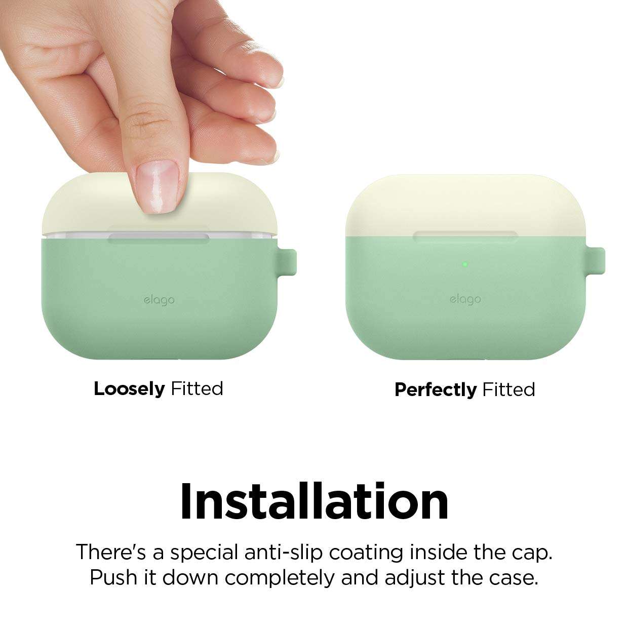 elago Duo AirPods Pro Case with Keychain Designed for Apple AirPods Pro Case Cover, 2 Caps + 1 Body (Front LED Visible) [ Classic White, Peach + Pastel Green ] 6