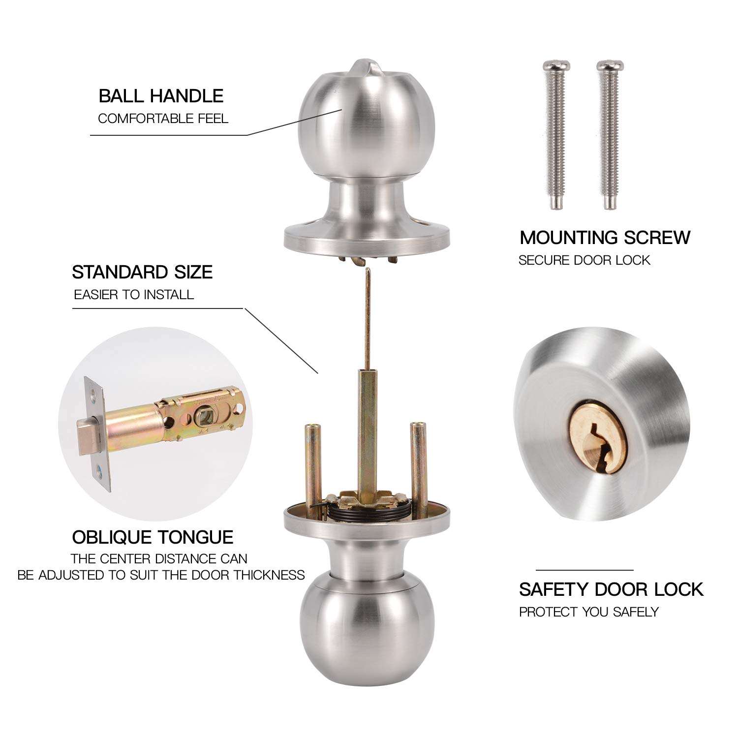 GOLDSEED Door Knob with Lock, Exterior Door Knob for Bedroom/Bathroom or Office, Door Lock with Key for Right/Left Handed Doors (Satin Nickel) 4