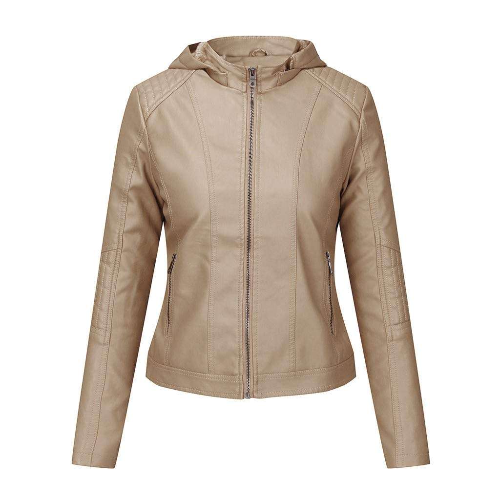 RUIVE Women’s Artificial Leather Coats Winter Warm Thicken Plush Zipper Hooded Outerwear Windbreaker Biker Bomber Jackets Khaki 1