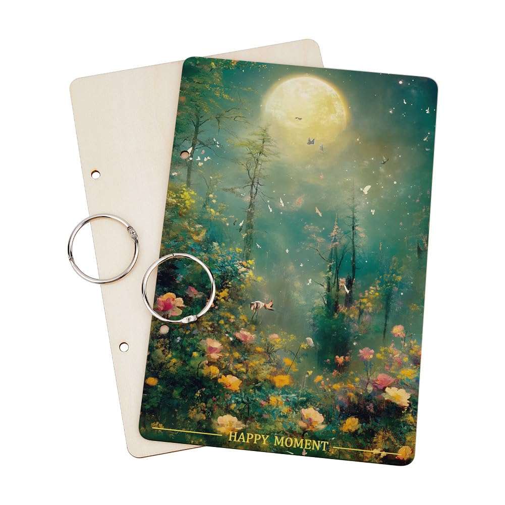 SUPERDANT Happy Moment Greeting Card Organizer Planning Book Binder Card Keeper Moonlight Jungle Birthday Cards Holder Wooden Keeper Binder Photo Album 2-Rings Cover Keepsake Holiday Wedding Gifts 3