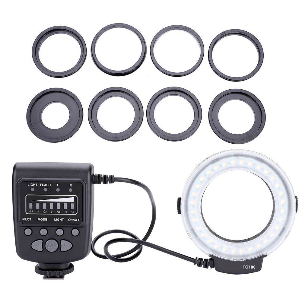 FOLOSAFENAR FC-100 Camera Ring Flash,Macro Ring Flash Photography,Portable Universal LED Ring Flash,5000k,Plastic Material,with 8 Ring Adapters,for Canon EOS 1D/1Ds Series,for Nikon 1