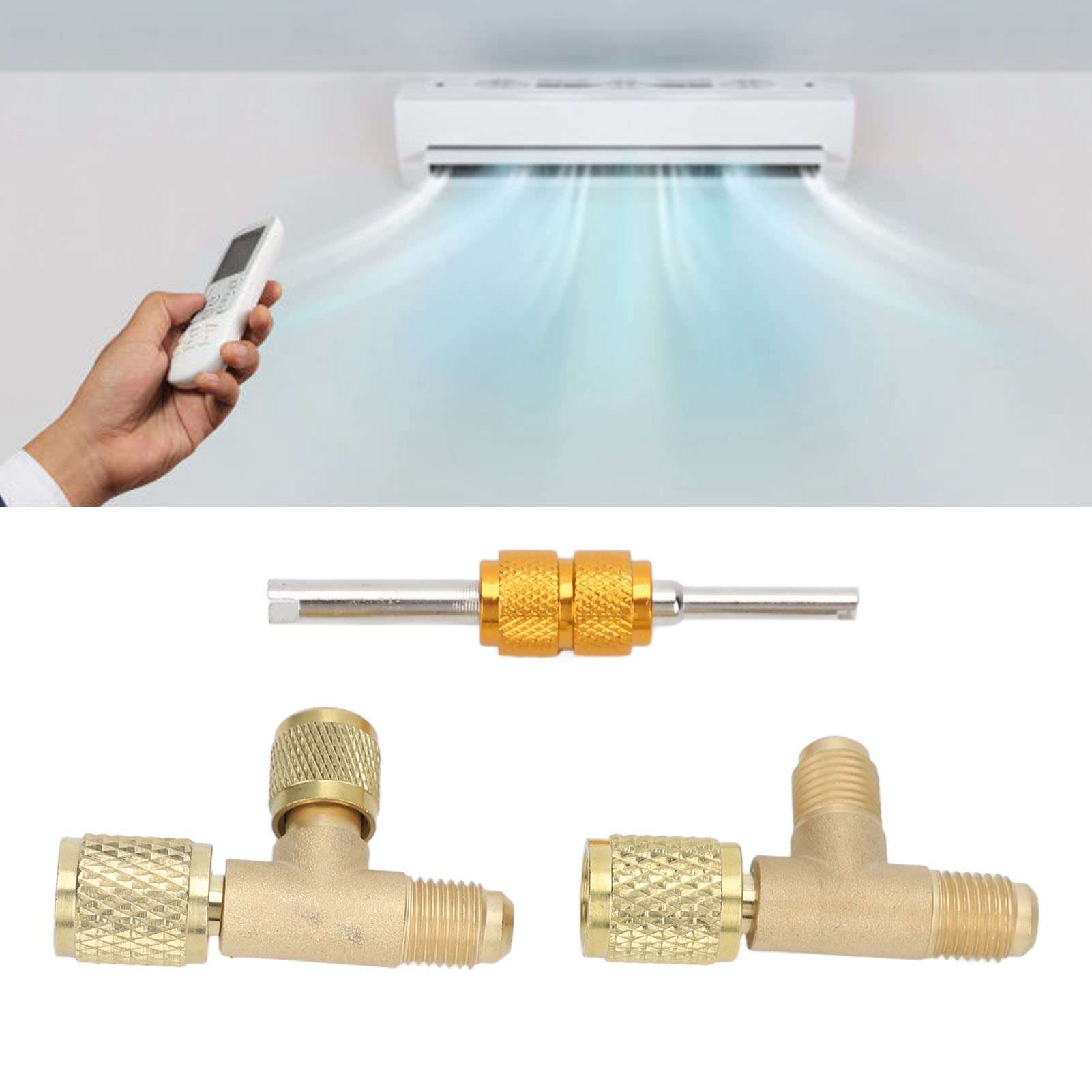 1/4in Valves Core Brass Tee Adapter, Brass Quick Coupler Access Tee Fittings for Vacuum Gauge R22 R12 R134 Refrigerant 4