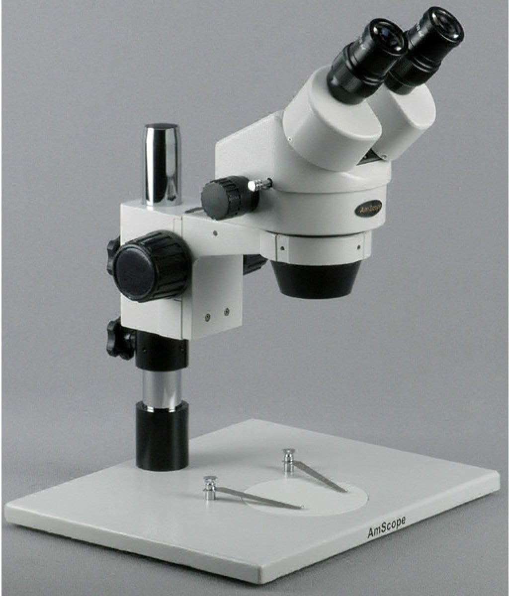 AmScope SM-1BX Professional Binocular Stereo Zoom Microscope, WH10x Eyepieces, 3.5X-45X Magnification, 0.7X-4.5X Zoom Objective, Ambient Lighting, Large Table Pillar Stand, Includes 0.5x Barlow Lens 3