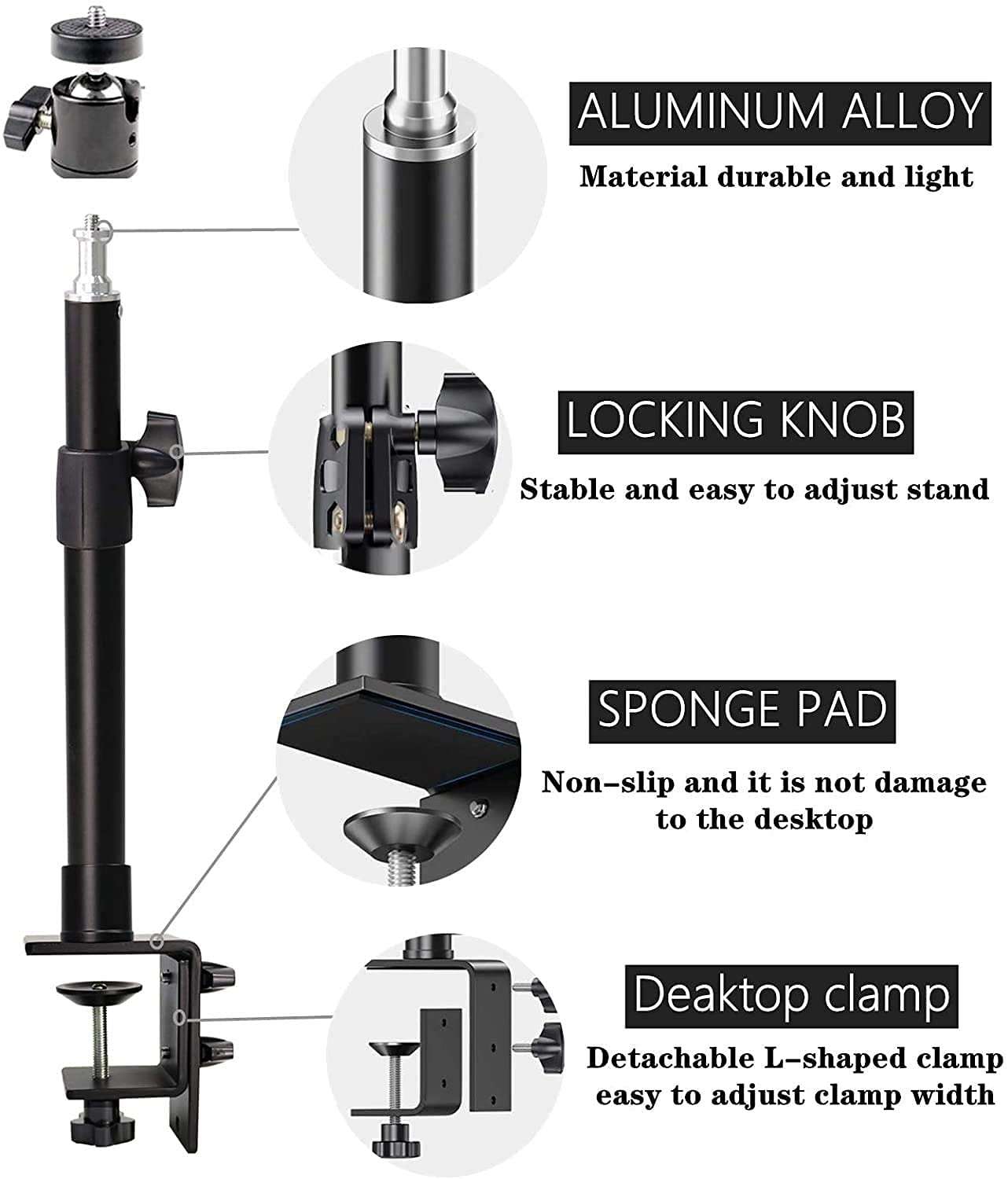 SHOPEE Desk Mount Stand, 12-20inch Tabletop C Clamp Mount Stand, Adjustable Table Meral Light Stand with Standard 1/4" Screw Tip for DSLR Camera, Ring Light, Video Light, Panel Light 3