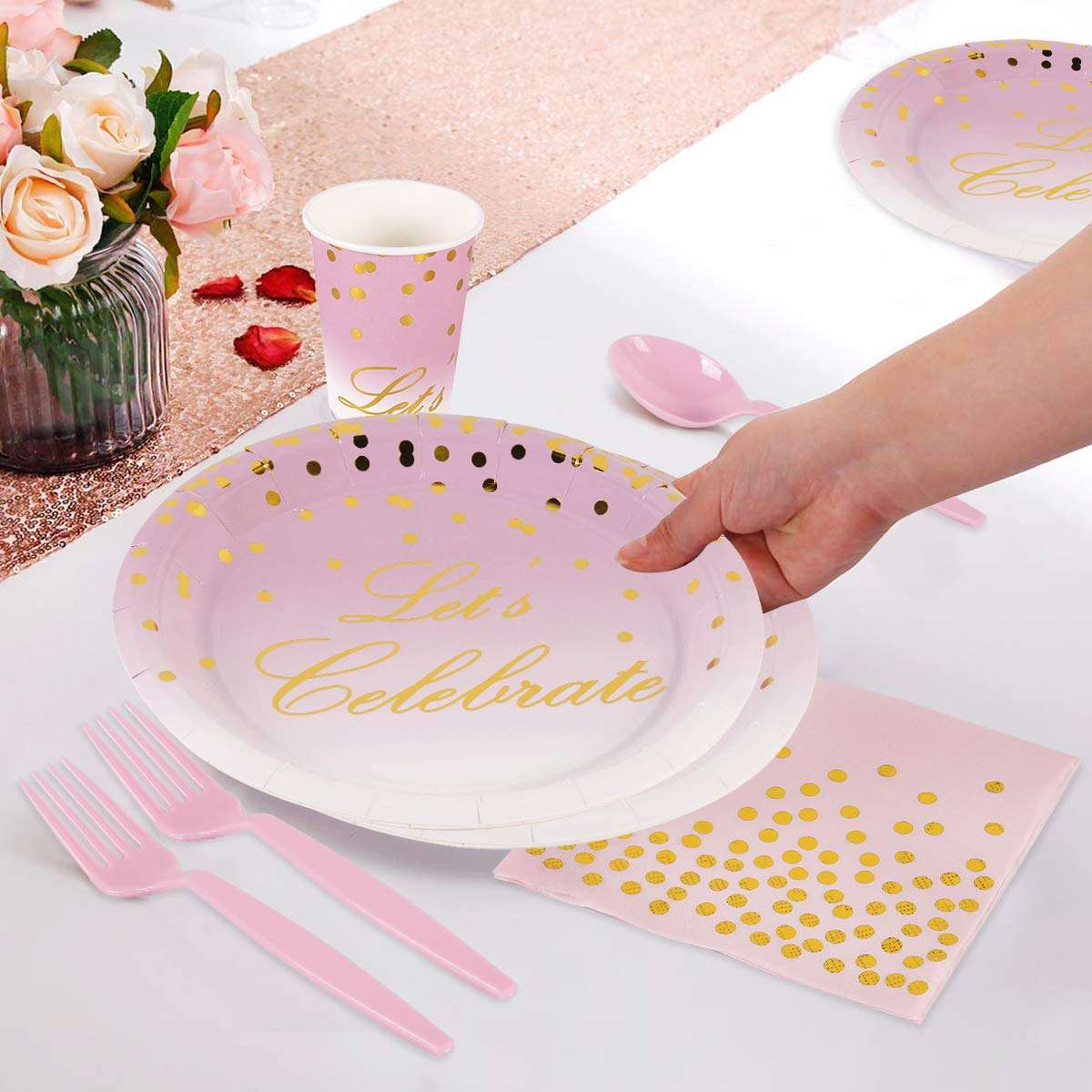 Patimate 168 Piece Pink and Gold Party Supplies | Disposable Dinnerware Set Services 24 | Includes Plastic Knive Spoons Forks Paper Plates Napkins Cups Straws | Birthday Bridal Baby Shower Girls 6