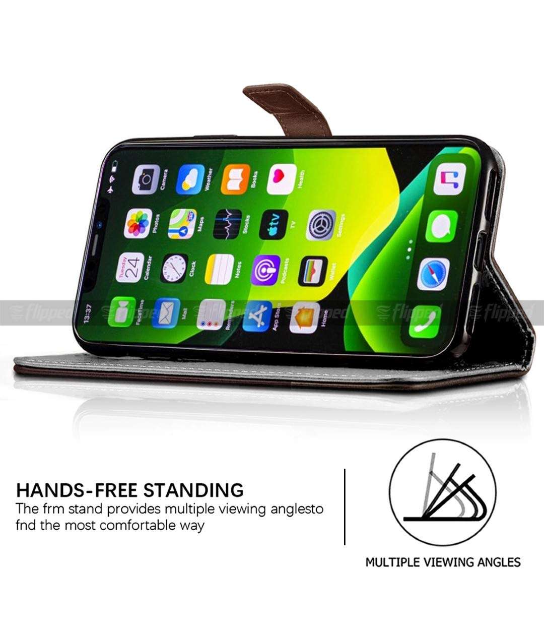 FLIPPED Vegan Leather Flip Case Back Cover for Apple iPhone 13 Pro Max (Flexible, Shock Proof | Hand Stitched Leather Finish | Card Pockets Wallet & Stand | Tan with Brown) 4