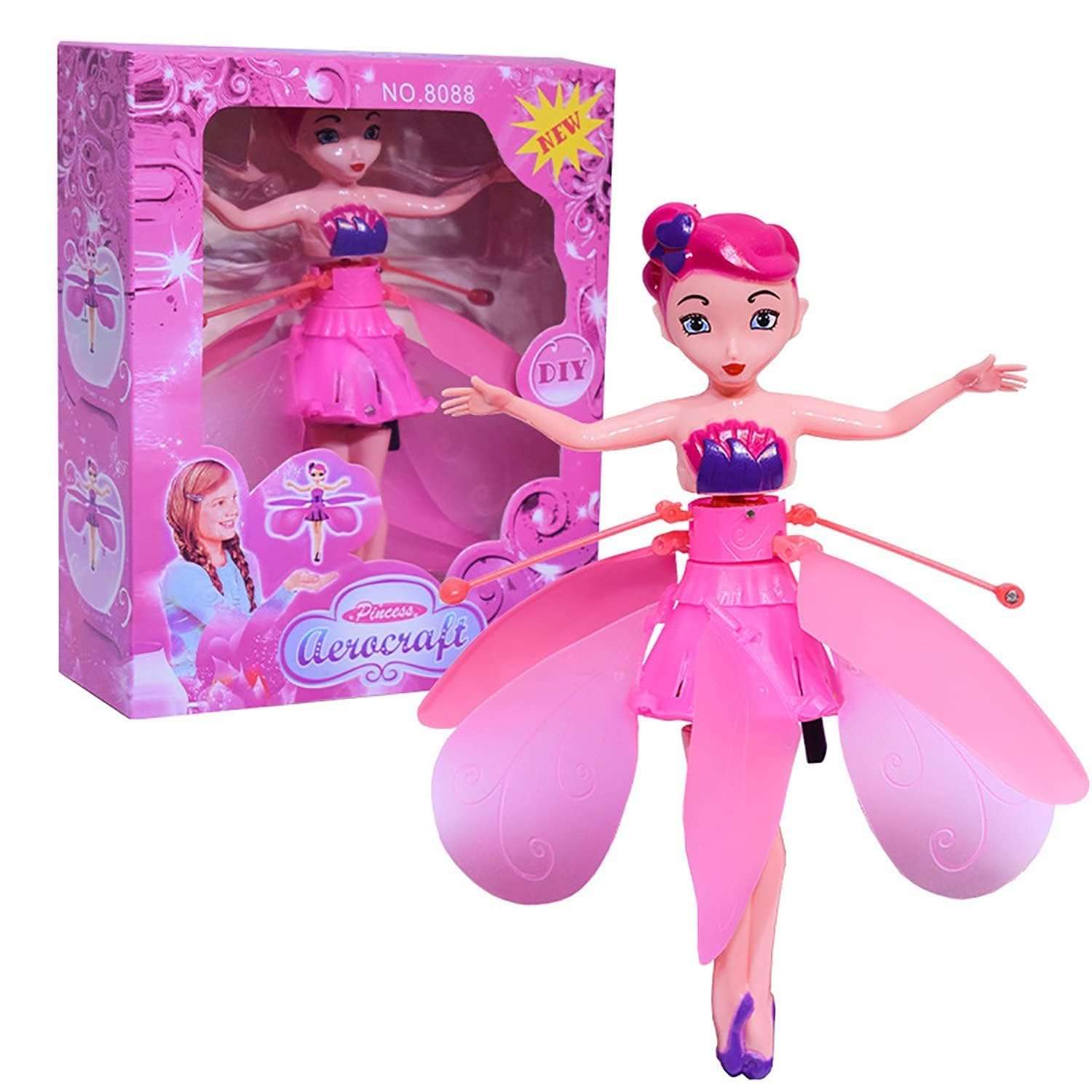 HOMOZE Flying Magical Hand Sensor Control Flying Fairy Doll, USB Powered & 3D Light Plastic Flying Fairy Sky Dancers Toy Rainbow Glitter Flying Princess Doll for Girls & Best for Gift | Flying Toys 3