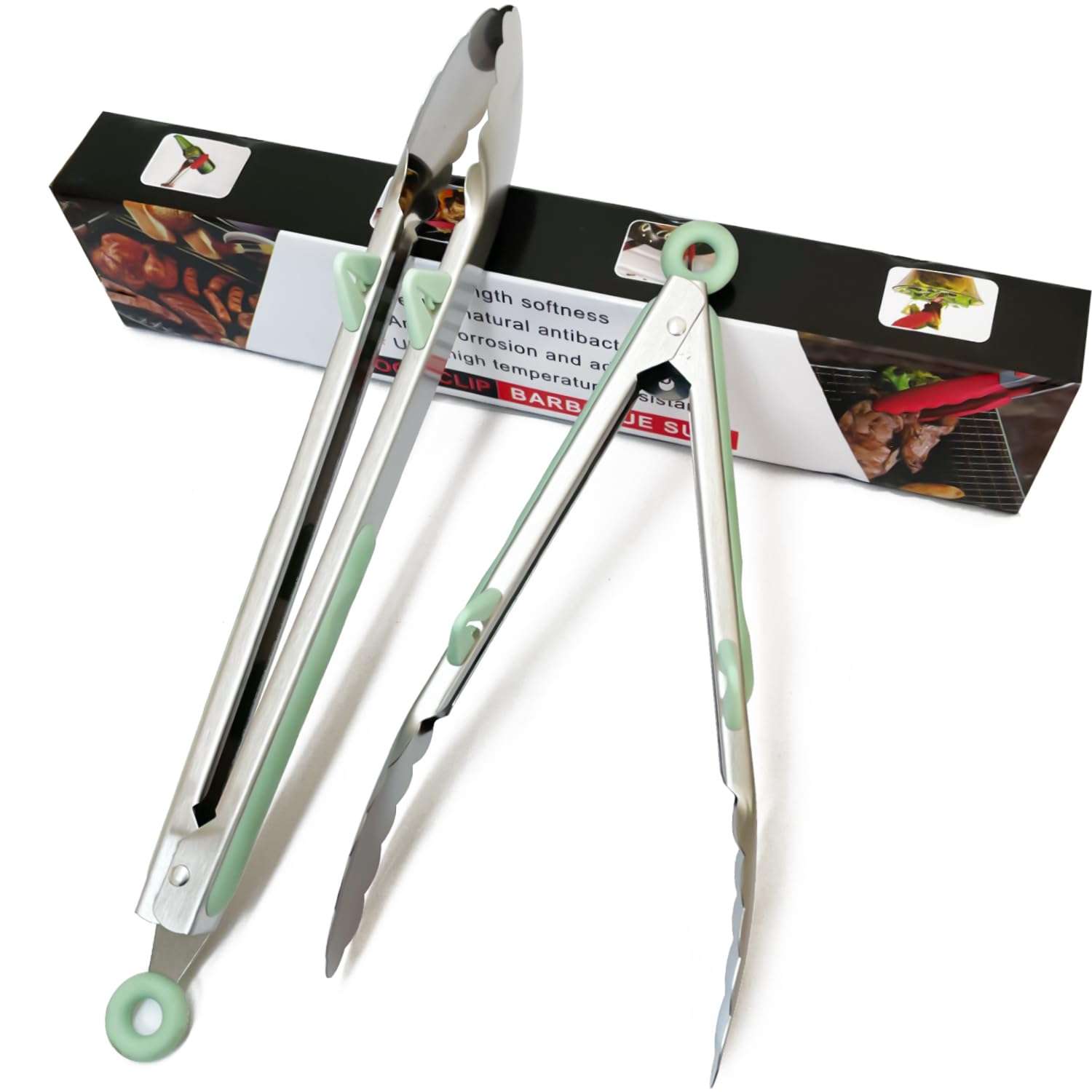 Kitchen Grilling Tongs 9"+12”, 2Pcs Stainless Steel Tong for Cooking with Stand, Food Grade Small Serving Tong for Barbecue Salad, Green