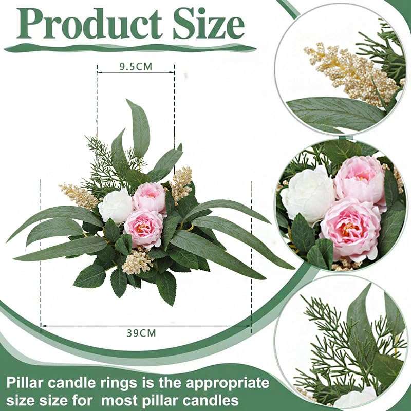 2Pack Flower Candle Rings Wreaths Summer Floral Candle Rings 3 Inch Center Mini Peony Rings Wreaths for Cabinet Pillar Wedding Farmhouse Mom Gifts 3