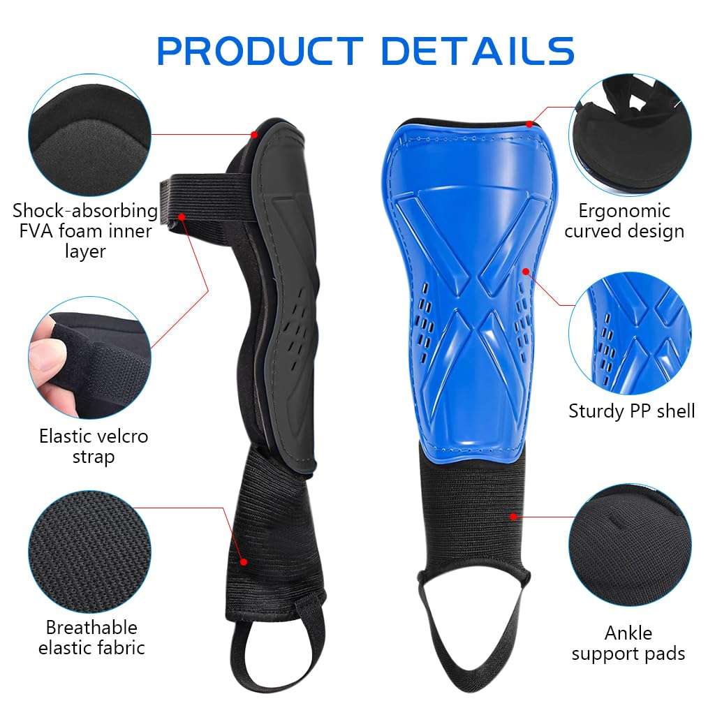 Proberos® Kids Shin Guard Teens Sport Shin Guards with Ankle Support EVA Cushioning Liner Football Shin Guards Adjustable Hook and Loop Closure Design Sport Shin Guards for Football, Rugby, Blue 4