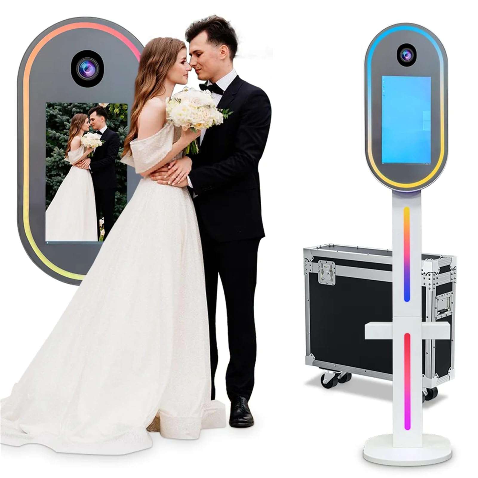 FXNFXLA Mirror Photo Booth for Camera, DSLR Selfie Station Photobooth Shell Stand Machine with 15.6" Touch Screen, RGB Light and Flight Case, for Events Rental 1