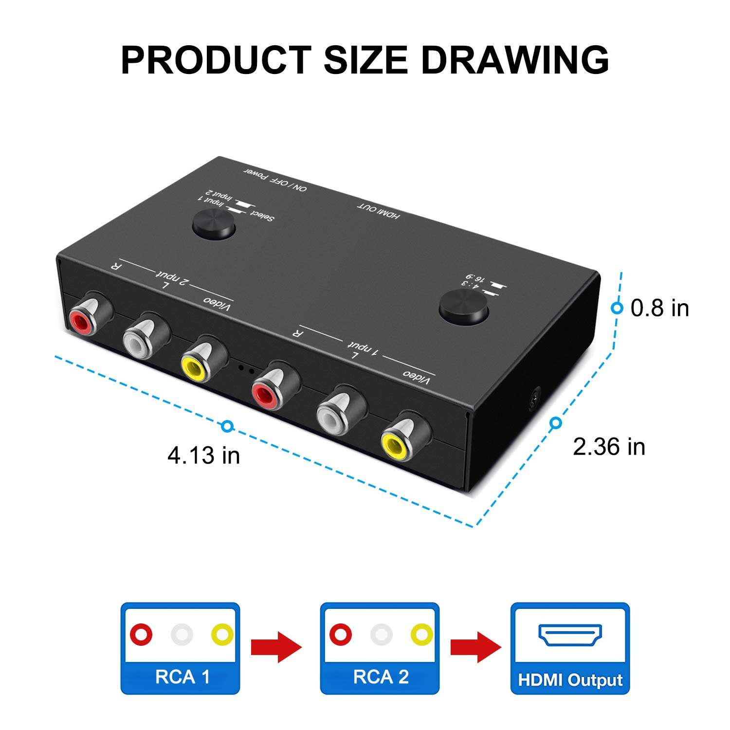 Azduou 2 AV to HDMI, 1080P/720P TV 2 Way RCA Composite CVBS AV Switch to HDMI Video Audio Converter Adapter Support 4:3/16:9 Switching, for Sega Xbox PS2 PS3 N64 NGC SNES WII VHS VCR Camera DVD 3