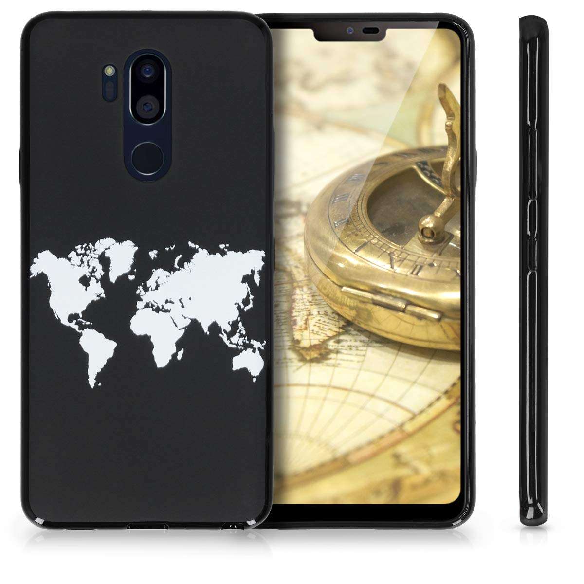 kwmobile TPU Silicone Case Compatible with LG G7 ThinQ/Fit/One - Case Soft Cover - Travel Outline White/Black 5