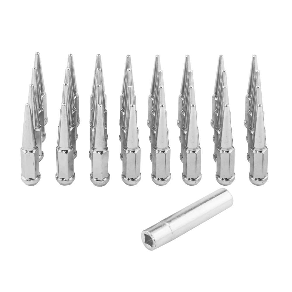 MOTORHOT 32Pcs Wheel Spike Lug Nut with 1 Socket Key 14x2 Chrome Tall Closed End Nuts Compatible with 1999-2004 Ford F-250 Ford F-350 Super Duty 3