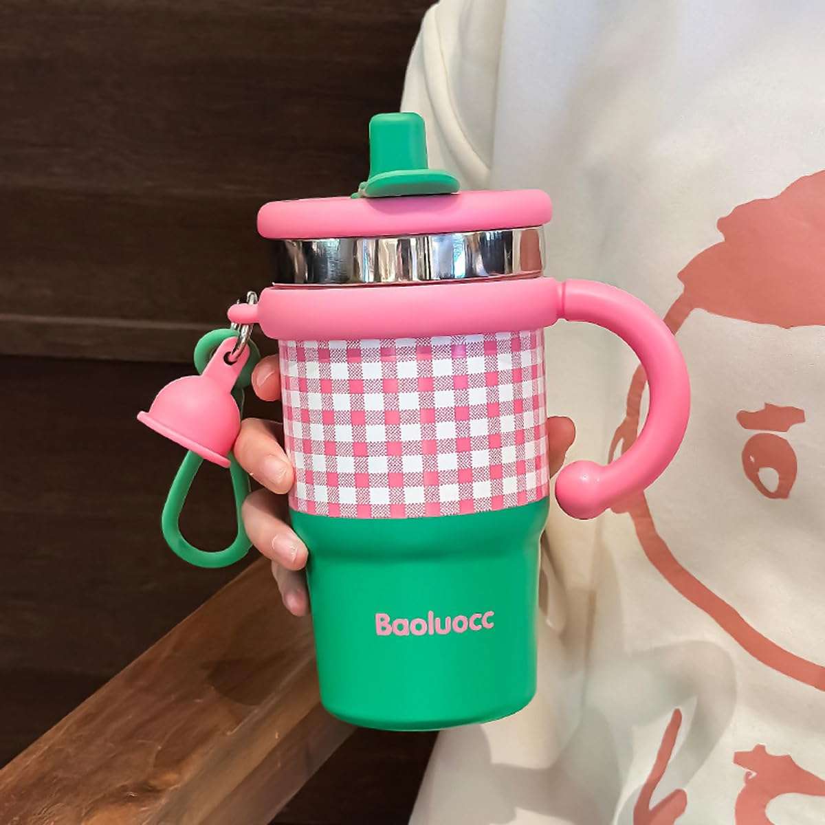 Spooky Stainless Steel Tumbler with Straw – 600ML Capacity, Insulated for 6-12 Hours – Portable, Vacuum-Sealed with Handle & Carrying Rope, Perfect for Travel, Office & Gifts - Pink&Green Contrast 1