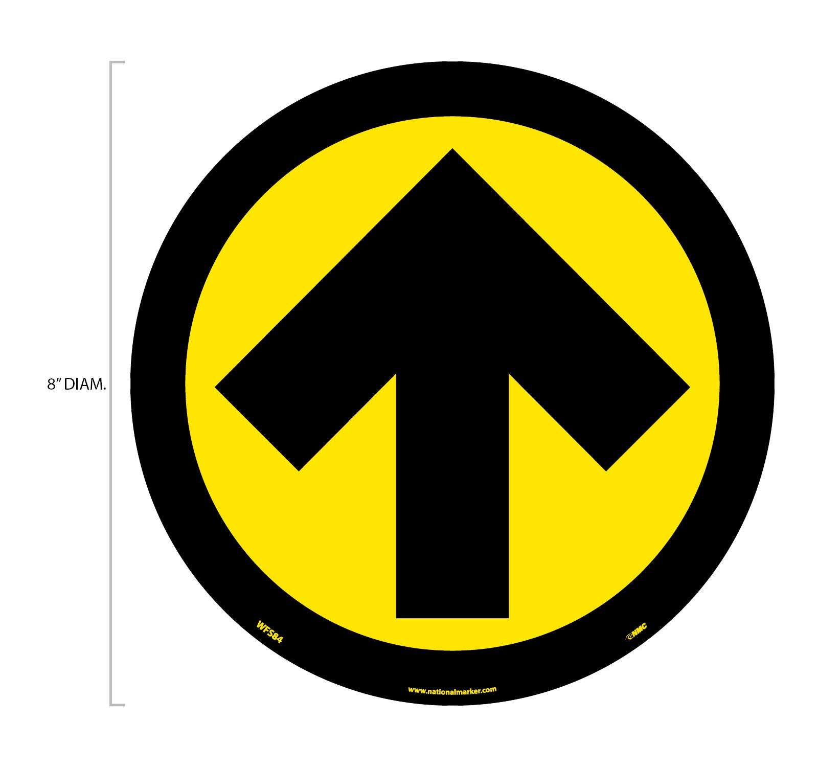 NMC WFS84YL10 Arrow Graphic, Yellow On Black, Walk On Floor Sign, 8 In Diameter,Pressure Sensitive Vinyl Non-Slip, Pack Of 10, Social Distancing 3