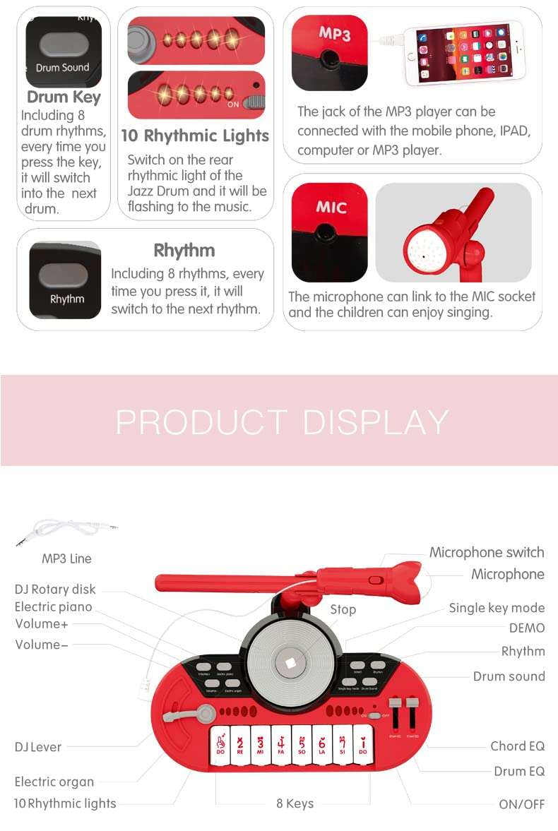 Toddler Piano Toy Keyboard 3in1multi-function Mode with Detachable Microphone, Educational Mini Piano, Drum, 4 DJ Mode Toy Gifts for Kids Boys Girls(Blue) 2