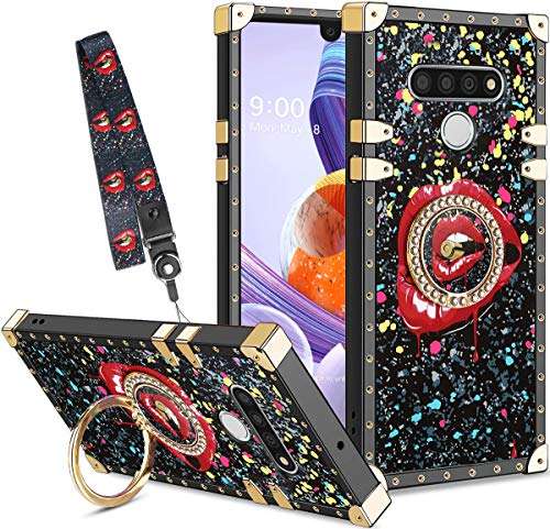 B-wishy for LG Stylo 6 Case, LG K71 Case with Kickstand Ring Holder Red Lips in Bullet Square Diamond Rivet Crystal Protective Retro Elegant Slim Shockproof TPU Cover for LG Stylo 6 1