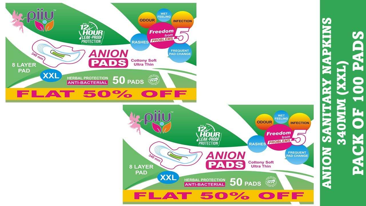 Piiu Cottony Soft Rash Free Ultra Thin Anion Sanitary Pads XXL (340mm) | Dermatologically tested |99.99% germ protection, 50 Pads (Pack of 2) 1