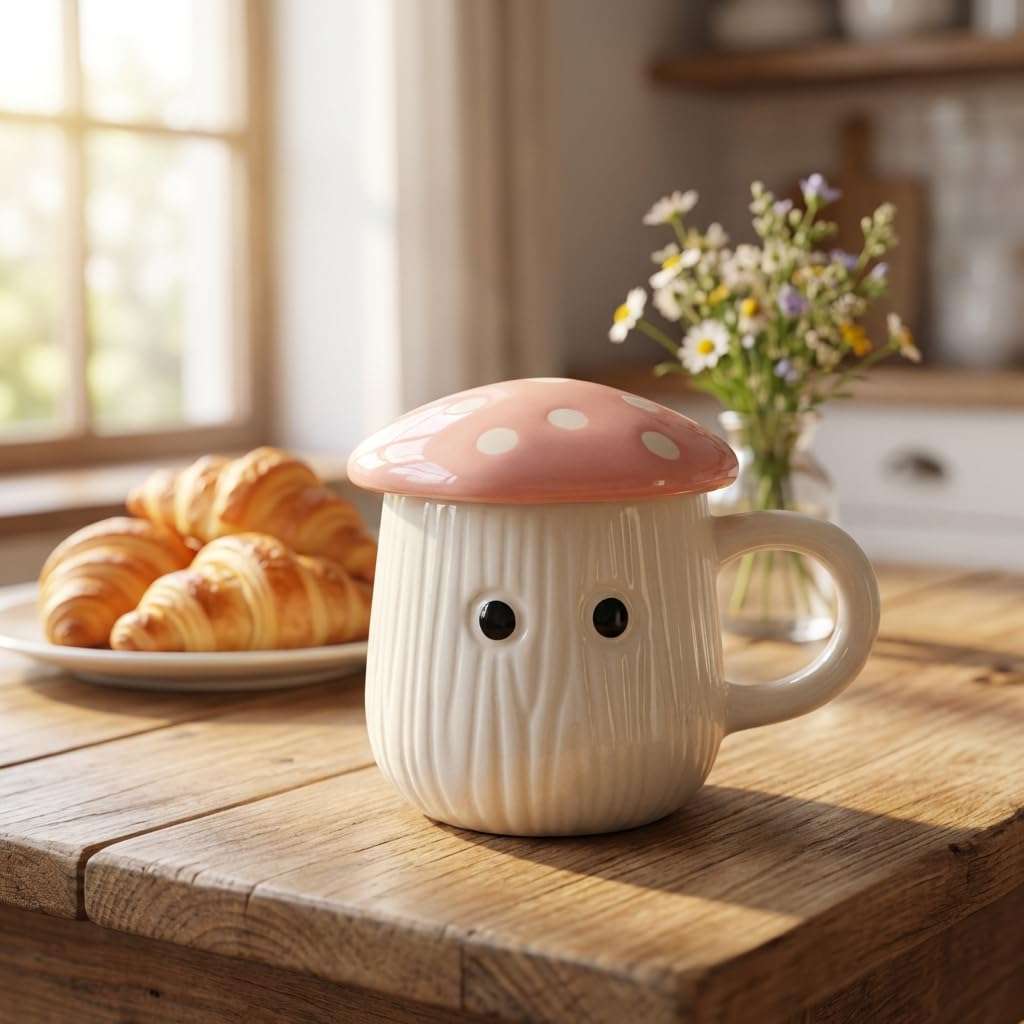 Kalaa By N Pink Mushroom Ceramic Mug with Lid 300ml | Handmade Coffee Tea Cup with Polka Dot Lid | Microwave Dishwasher Safe | Valentine Gift for Her Him | Home Decor Kitchen Dining India 1