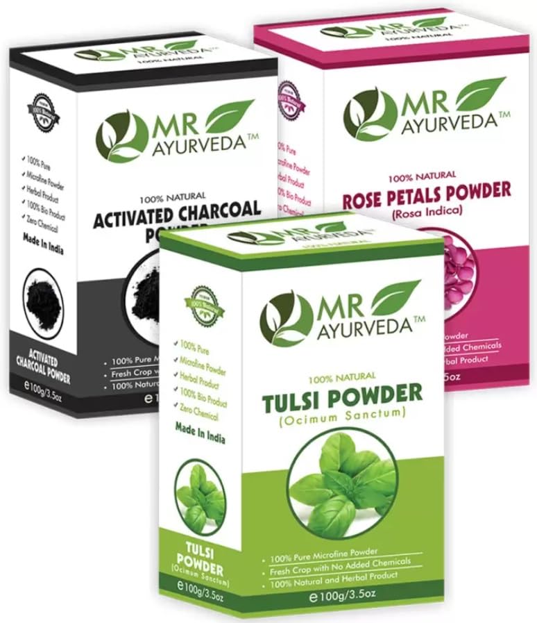 MR Ayurveda Activated Charcoal Powder, Rose Petals Powder & Tulsi Powder - Set of 3 (100 Grams Each)