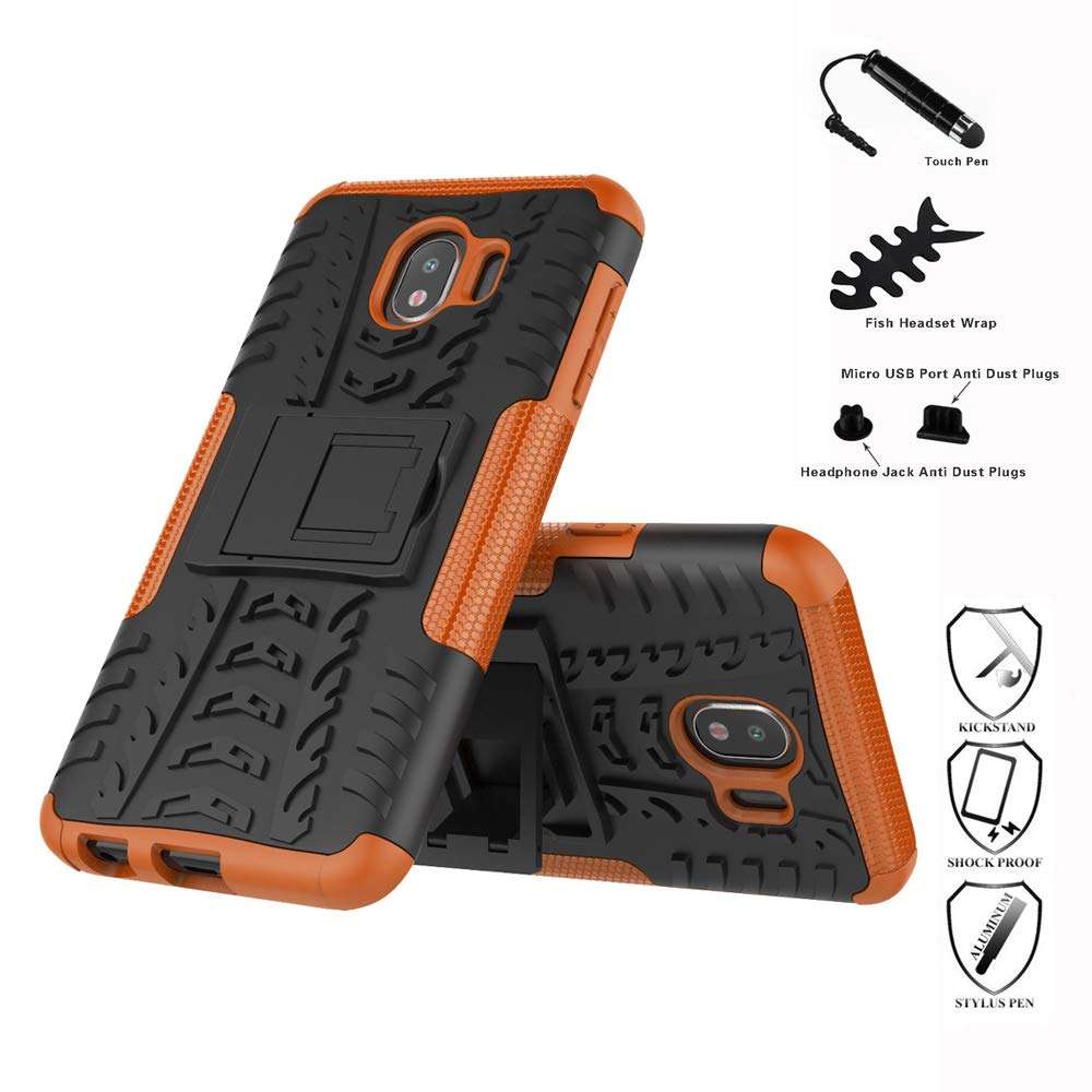 LiuShan Galaxy J4 2018 case, Shockproof Heavy Duty Combo Hybrid Rugged Dual Layer Grip Cover with Kickstand for Samsung Galaxy J4 2018 Smartphone (with 4in1 Packaged),Orange 2