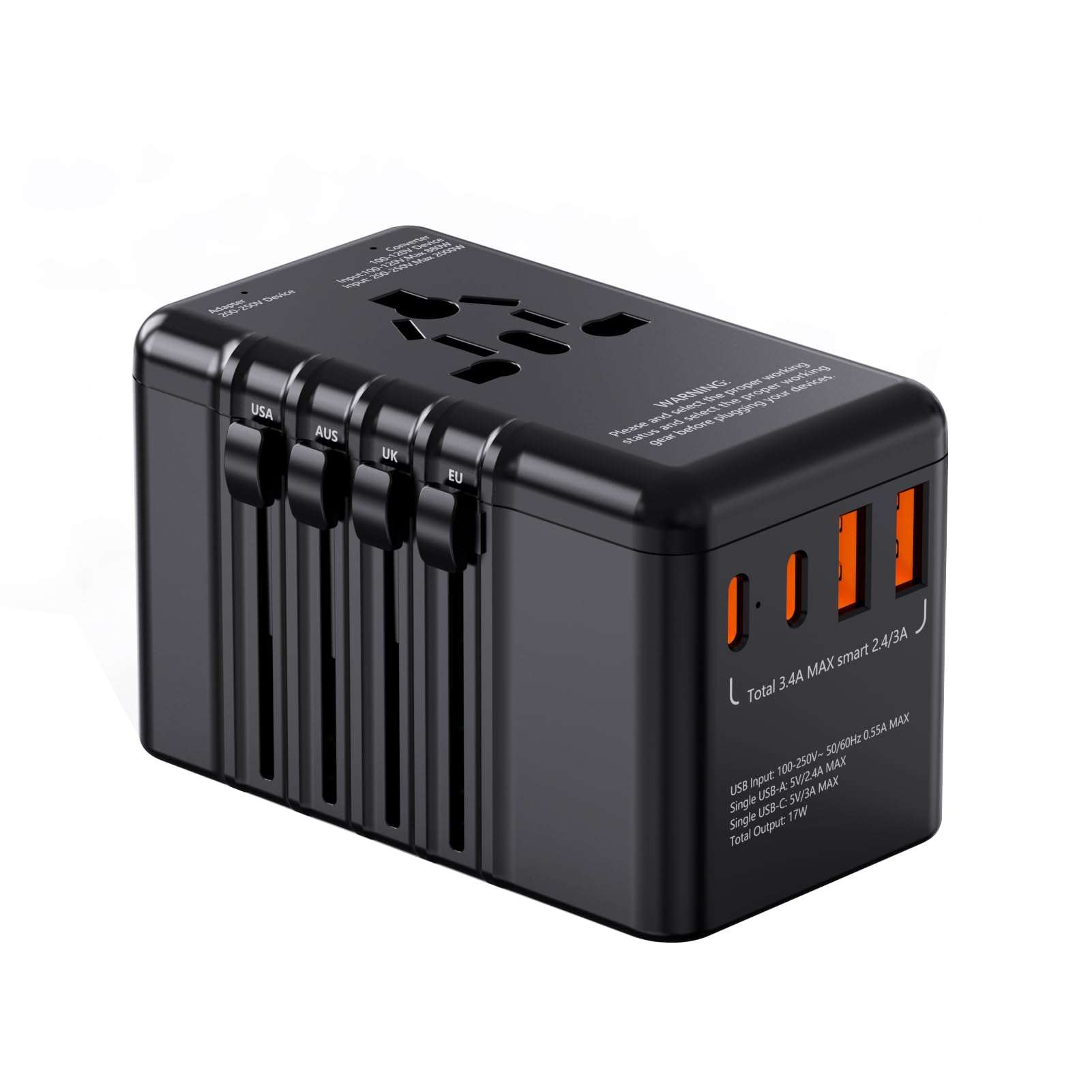 X-STAR 220V to 110V Voltage Converter & Universal Travel Adapter - Step Down Transformer for European Travel with 4 USB Ports, AC Outlet Combo (EU/UK/AU/US) - Dual Fuse for Hair Dryer Multi-Device 1