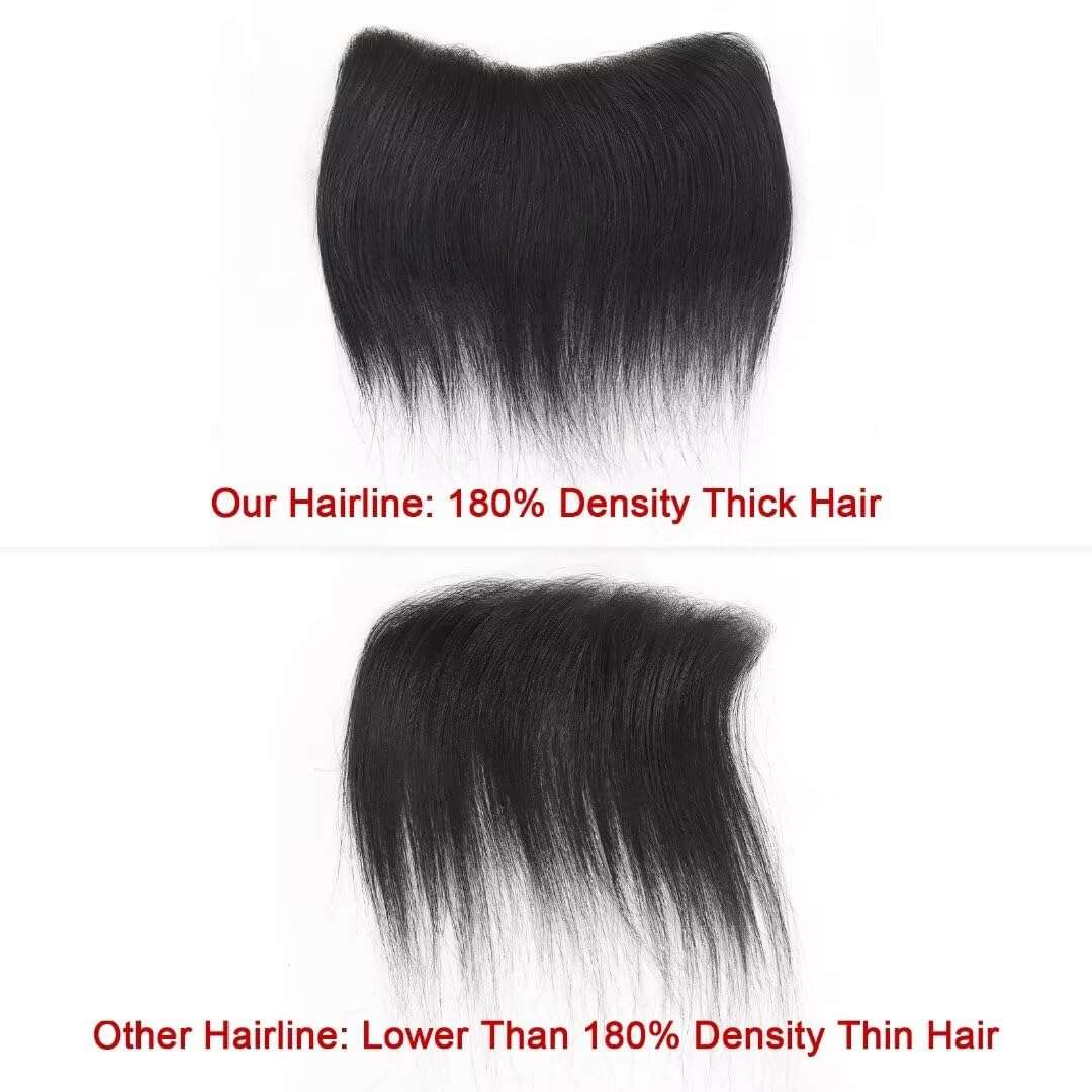 HAPPY&CC Forehead Hairline Toupee for Men High Density Human Hair Skin PU Mens Front Hair Piece V Loop Frontal Hair Topper for Receding Natural Hairline Replacement Systems 1B Black 16x2cm 6