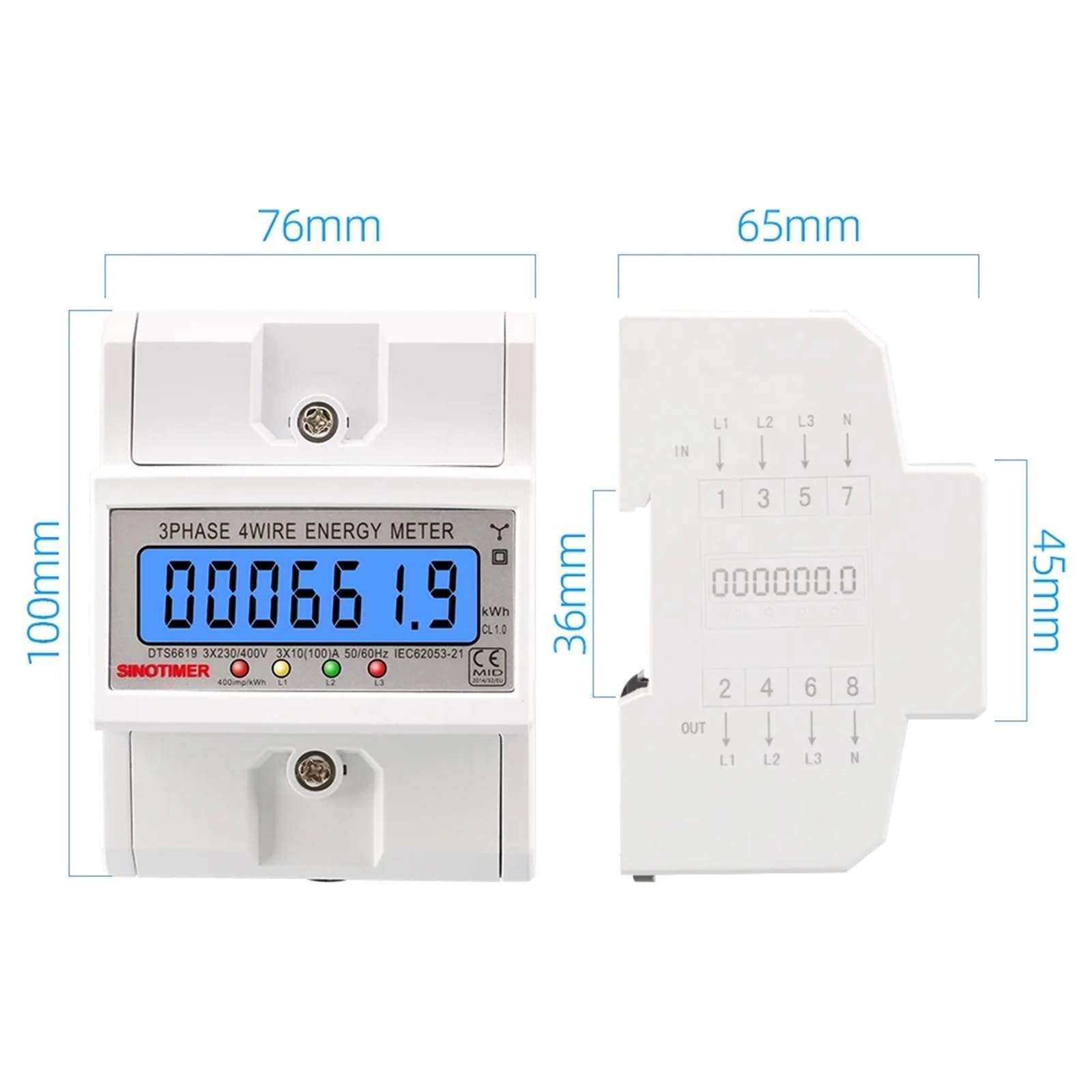 230/400V 100A LCD Digital Display Multimeter Backlight Power Meter Energy Meter Smart Electric Meter 3 Phase Wattmeter Kwh Meter(220V with WhiteShell) 6