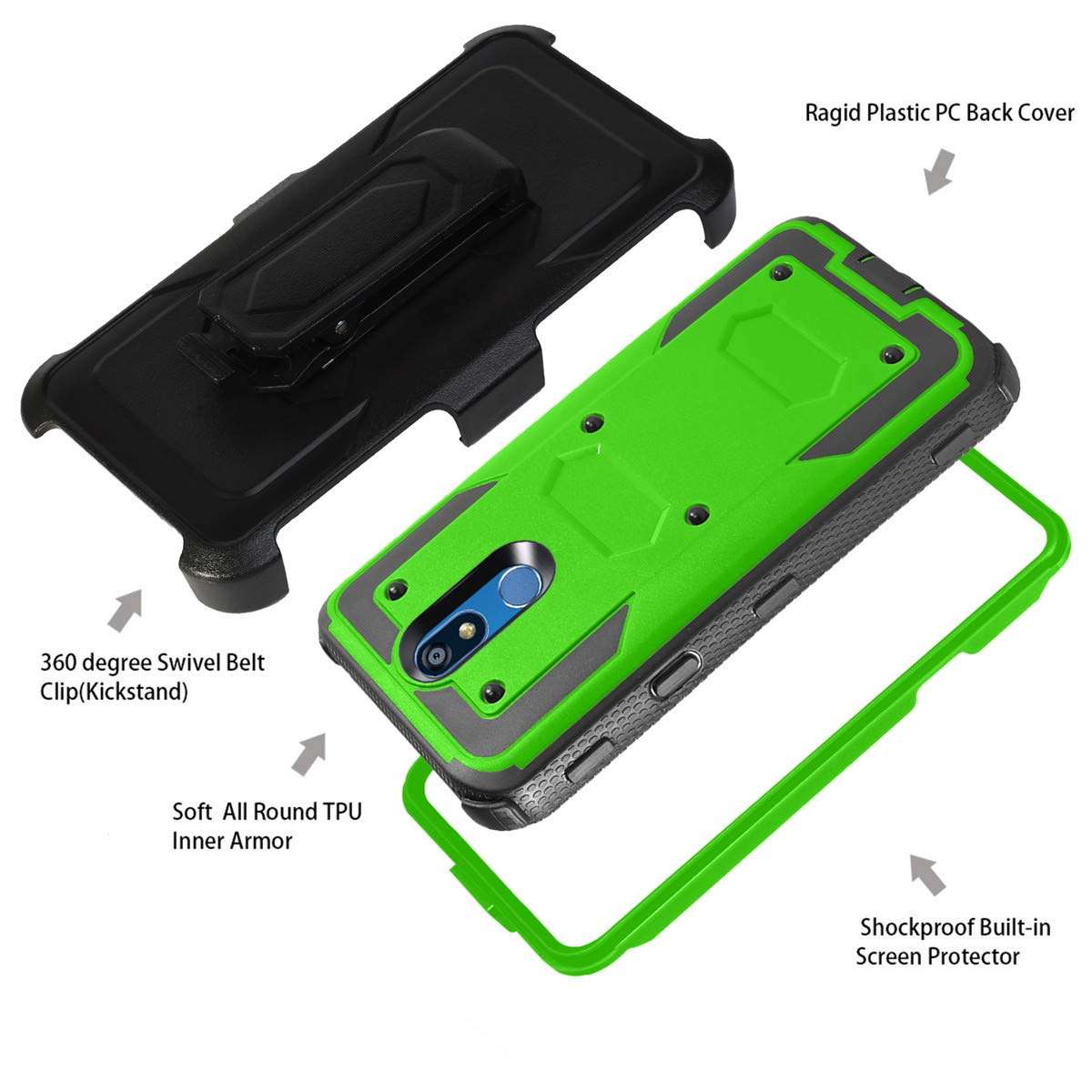 Compatible with K10 2019 Case, K40 Case W [Built-in Screen Protector] Heavy Duty Full-Body Protective Armor Rotatable Belt Clip Holster Case [Kickstand], Green 2