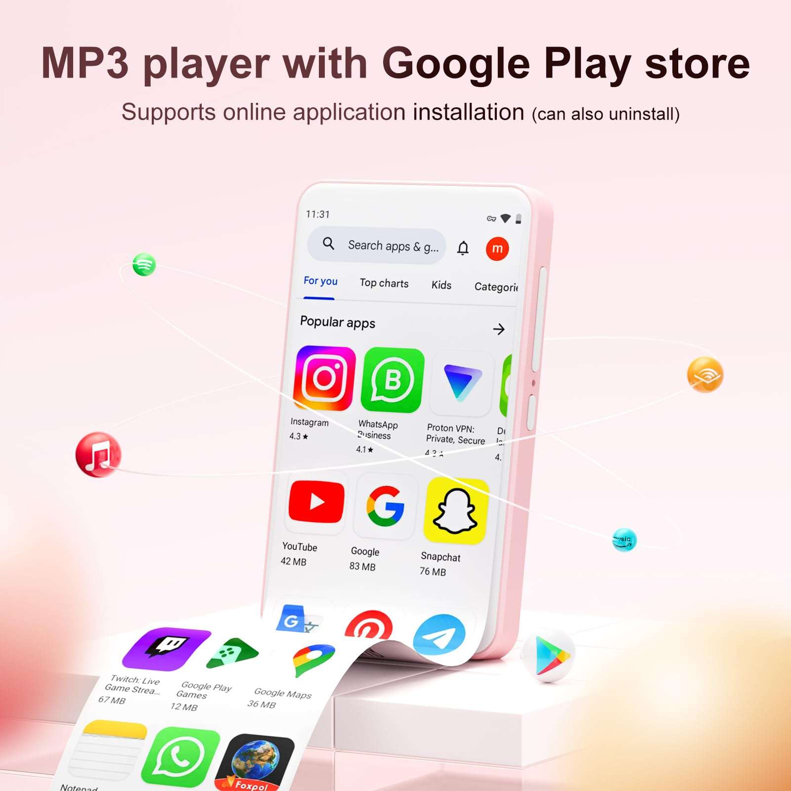 80GB MP3 Player with Bluetooth and WiFi, Android Player with Speaker Mp3 & Mp4 Music Player with Spotify, Amazon Music, Browser, Deezer, 4.0" Touch Screen, Download Music,Up to 512GB (Pink) 3