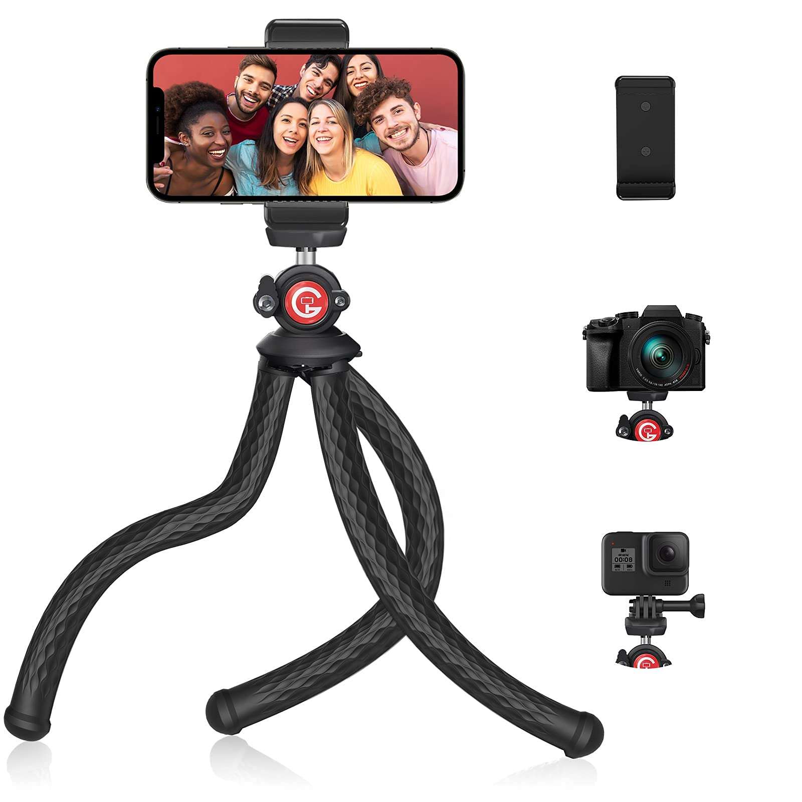GooFoto Phone Tripod, Flexible Tripod for iPhone, Android Cell Phone and Camera, Bendable Mini Portable Holder for Video Recording/Vlogging/Selfie Black+Red