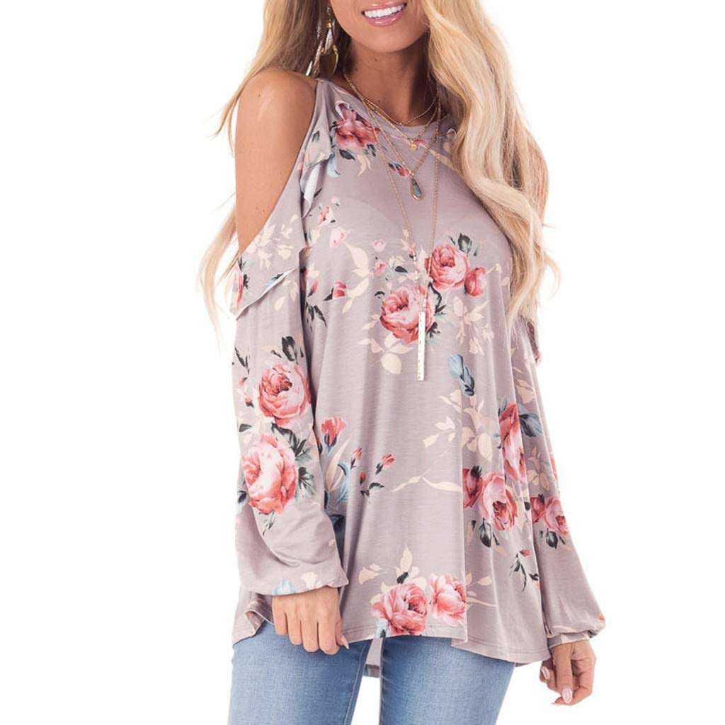 Floral Printed Tops for Women, Ruffle Off Shoulder Long Sleeve o-Neck Tunic Tops Retro t-Shirts Casual Blouses(Pink, L) 2
