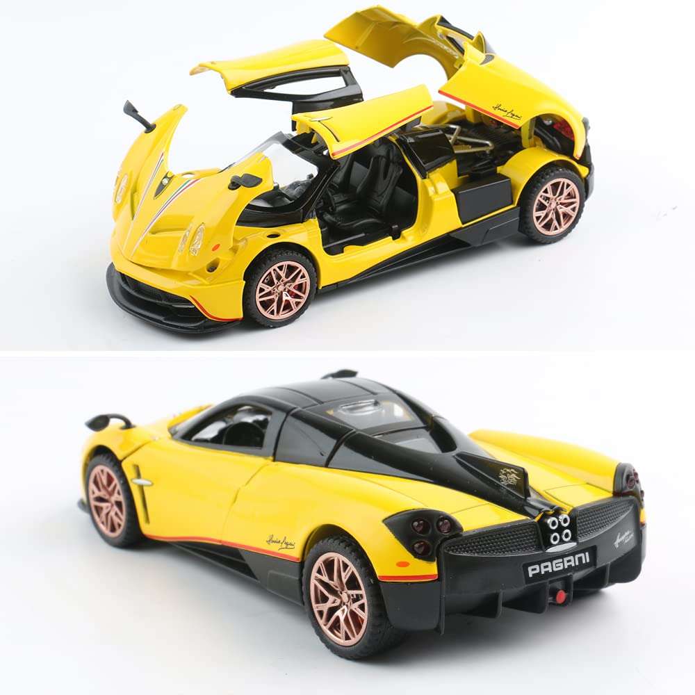 chengchuang Diecast Toy Car Collectible Pagani Huayra Dinastia Sports Car Model,1:32 Scale Zinc Alloy Simulation Casting Pull Back Vehicles with Lights and Music for Toddlers Kids Children (Yellow) 5