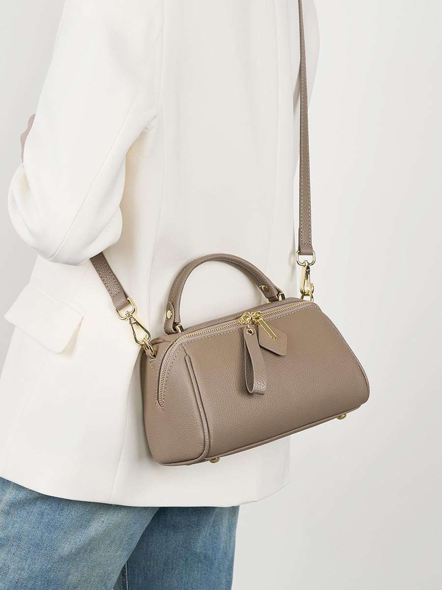 Small Leather Crossbody Handbag, Top Handle Purse with Shoulder Strap, Taupe 6