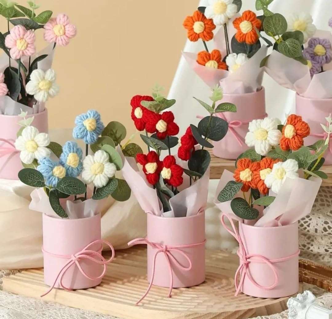 VRB Dec 2 pcs Artificial Crochet Flower Bouquet/Artificial Flowers Bunch/Crochet Flower/Flowers Bouquet Gift for Girls Home Decor,Gifting,etc. (2 Pcs Lavender & Pink Daisy Bouquet) 6