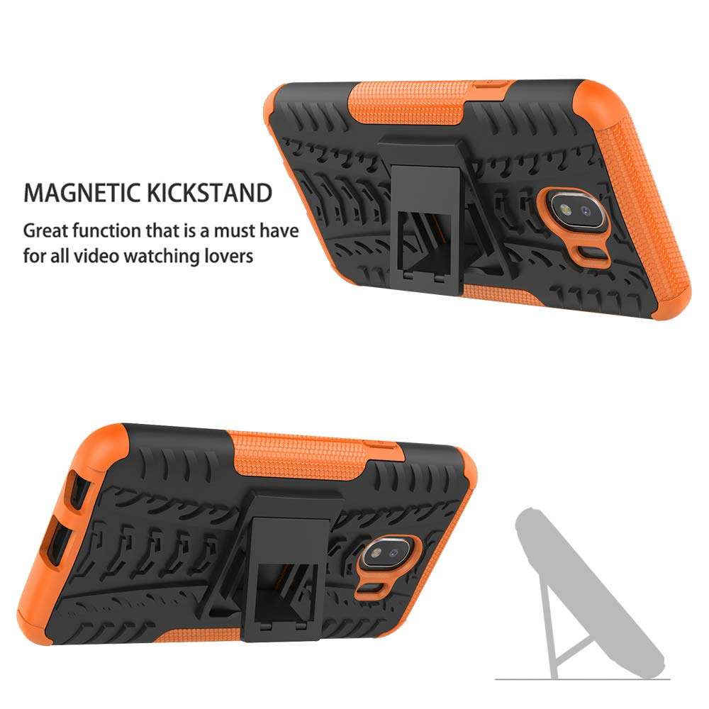 LiuShan Galaxy J4 2018 case, Shockproof Heavy Duty Combo Hybrid Rugged Dual Layer Grip Cover with Kickstand for Samsung Galaxy J4 2018 Smartphone (with 4in1 Packaged),Orange 3