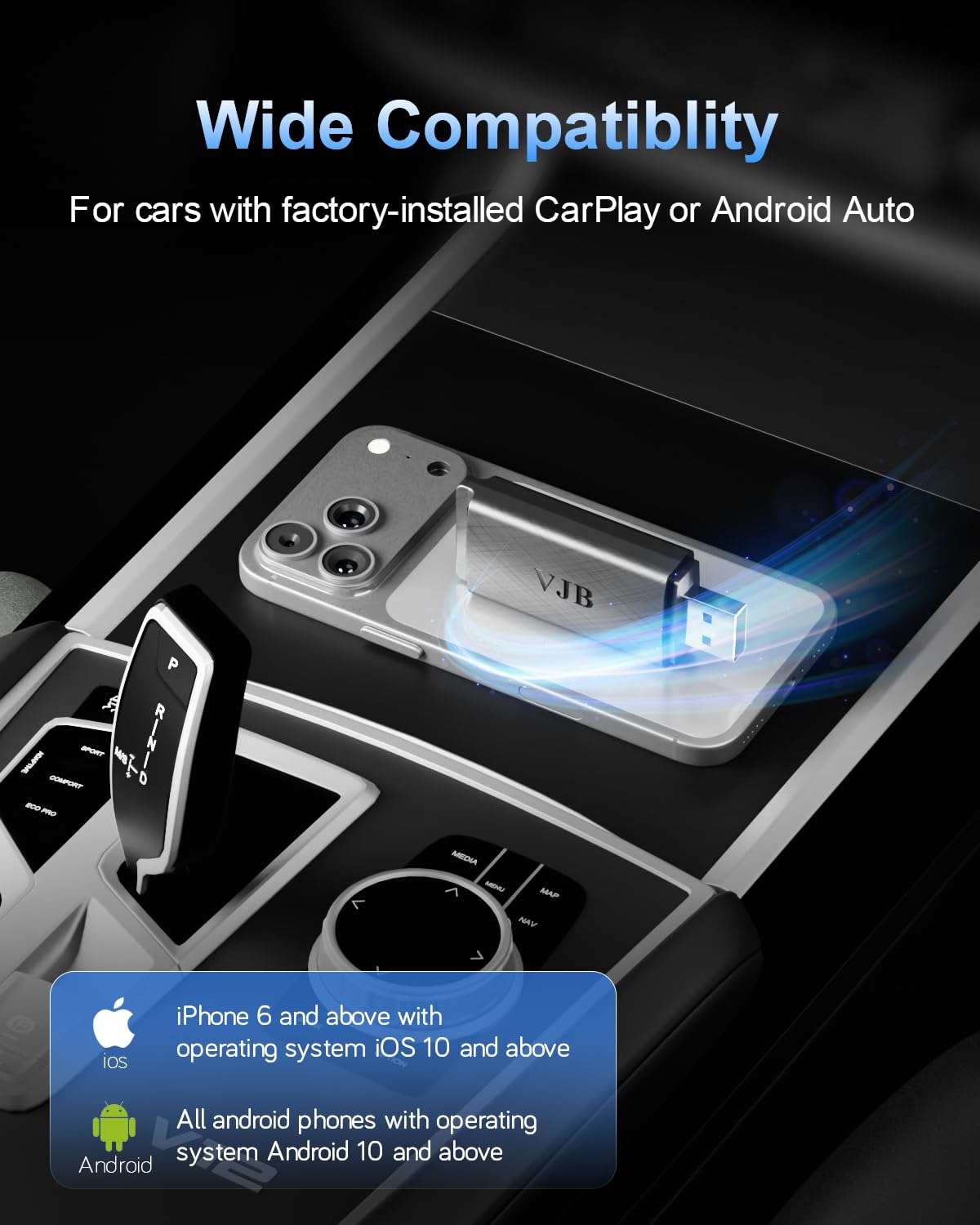 VJB Wireless CarPlay &Android Auto Adapter for iPhone & Android | Converts Wired to Wireless | Plug and Play Stable Connection Fast Auto-Connect (iOS 10+, Android 10+, 2016+ Cars) 4