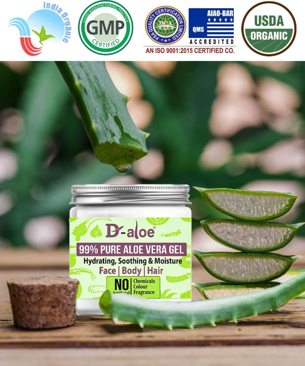 D-Aloe Natural Aloe Vera Gel 200gm (100% Organic, Grown in Own Farm) for Skin/Hair (99% Pure) Jar Packing 3