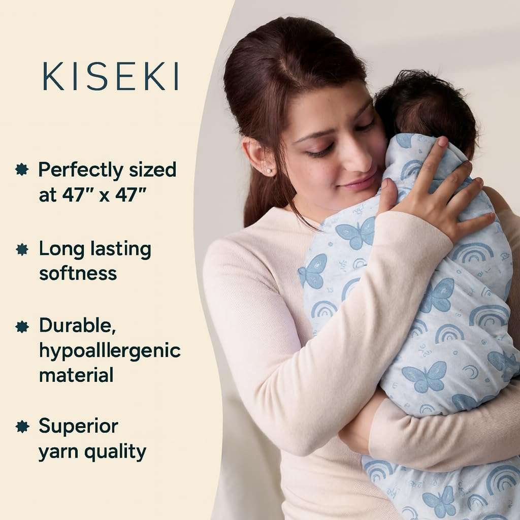 KISEKI Soft 100% Cotton Muslin Swaddle Blanket – 120 × 120 cm – Lightweight & Breathable Baby Wrap (Blue Butterfly) 3