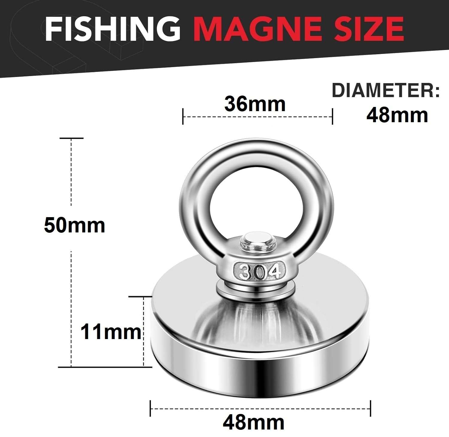 ALEAF 1 Piece of 48mm Super Strong Neodymium Fishing Magnets, 45-60 Kgs Vertical Pulling Force Rare Earth Magnet with Hole Eyebolt Diameter for Retrieving in River and Magnetic Fishing 3