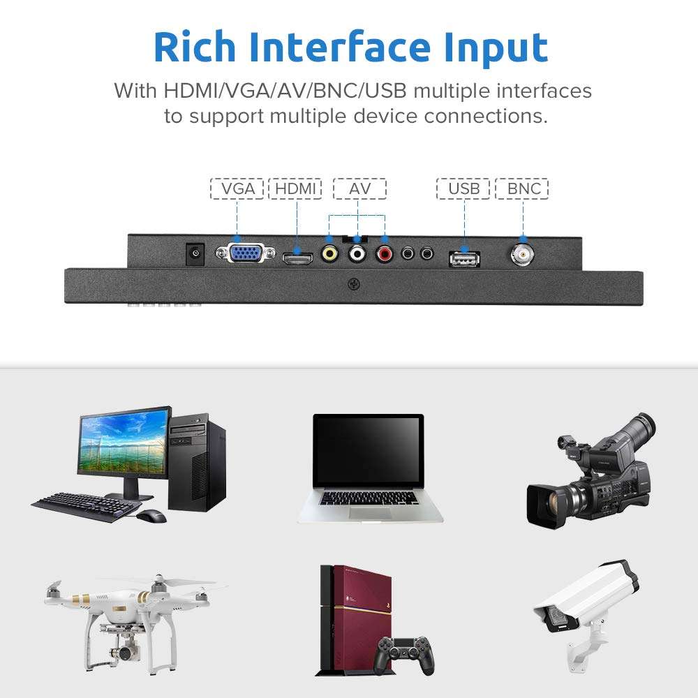 Eyoyo 12'' inch Small HDMI CCTV Monitor, 1366x768 IPS Metal Housing LED Screen W/Wall Bracket&Remote Control with HDMI/VGA/AV/BNC Input Built-in Speakers for PC, Security Camera, Raspberry Pi 6